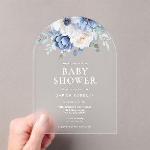 Invitaciones Acrílicas Elegante Baby Shower Dusty Blue Floral Winter