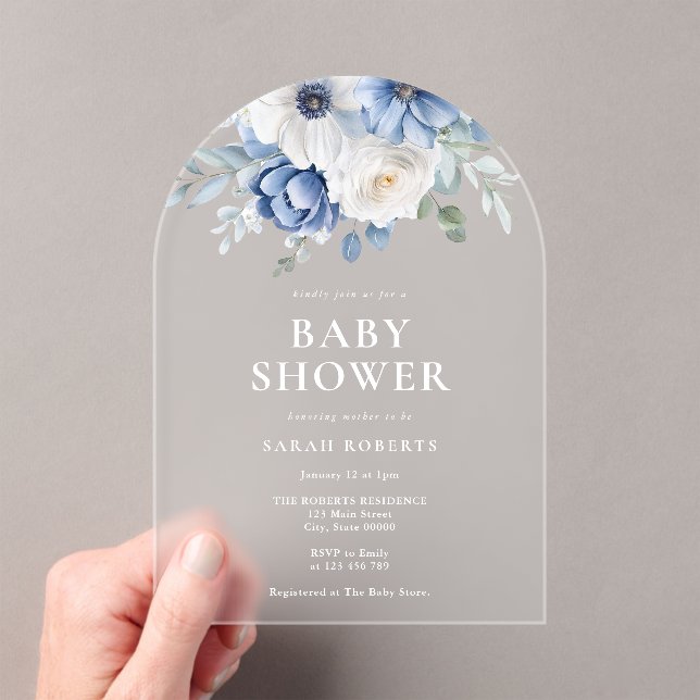 Invitaciones Acrílicas Elegante Baby Shower Dusty Blue Floral Winter (Insitu (portátil))