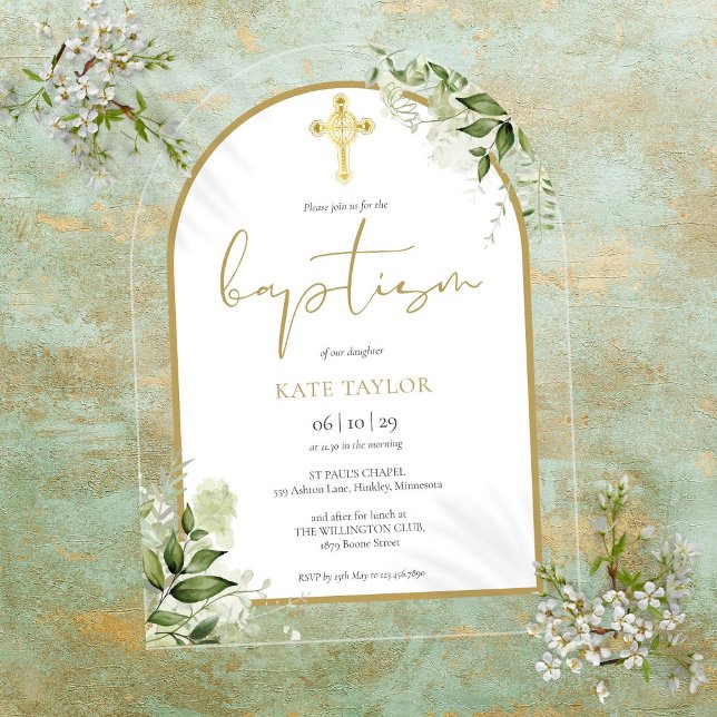 Invitaciones Acrílicas Elegante Baptismo de Foliage floral con arcos de o (Elegant Gold Arch Greenery Floral Foliage Baptism Acrylic Invitations)
