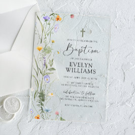 Invitaciones Acrílicas Elegante bautismo Chica floral y cristianismo