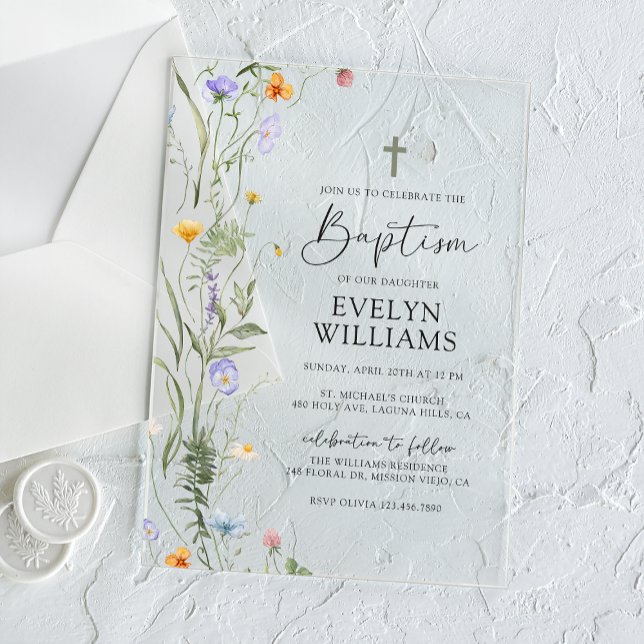 Invitaciones Acrílicas Elegante bautismo Chica floral y cristianismo (Subido por el creador)