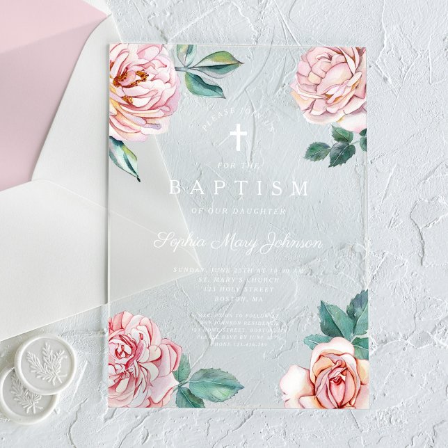 Invitaciones Acrílicas Elegante bautismo Chica religioso floral rosa (Elegant Pink Floral Religious Cross Girl Baptism Acrylic Invitations)