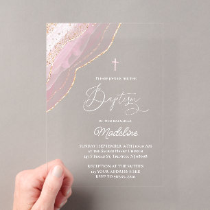 Invitaciones Acrílicas elegante bautismo de ágata rosa