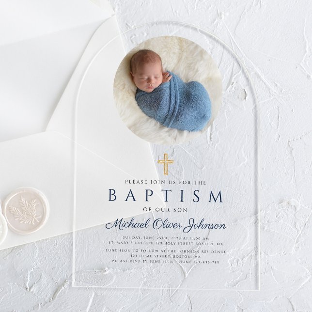 Invitaciones Acrílicas Elegante bautismo de foto de niño con escritura az (Elegant Navy Blue Script Boy Photo Baptism Acrylic Invitations)