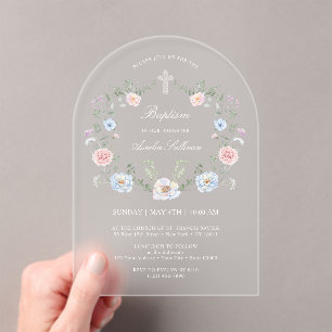 Invitaciones Acrílicas Elegante Bautismo De Marco Floral