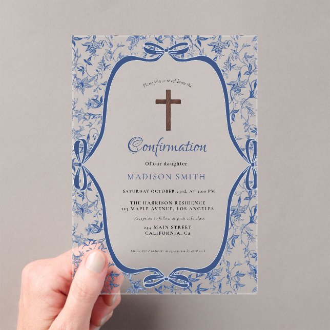 Invitaciones Acrílicas Elegante bautismo de tela azul de jouy (Insitu (portátil))