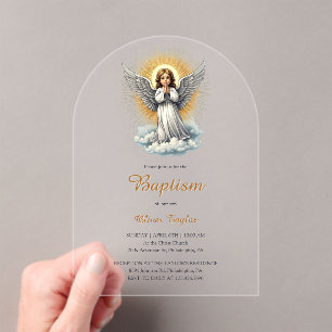 Invitaciones Acrílicas Elegante bautismo religioso cristiano Ángel blanco