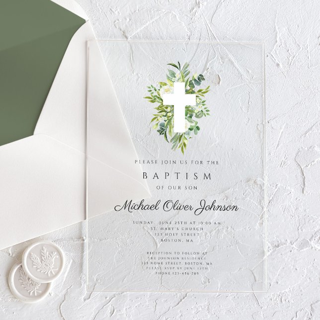 Invitaciones Acrílicas Elegante bautismo religioso cruzado botánico (Elegant Religious Cross Botanical Baptism Acrylic Invitations)