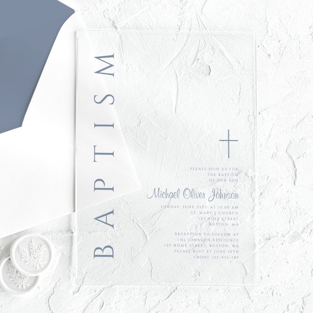 Invitaciones Acrílicas Elegante bautismo religioso cruzado polvoriento (Elegant Religious Cross Dusty Blue Boy Baptism Acrylic Invitations)