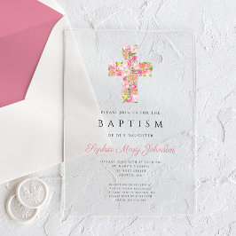 Invitaciones Acrílicas Elegante Bautismo Religioso de Cruz Floral Rosa