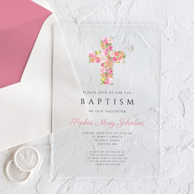 Invitaciones Acrílicas Elegante Bautismo Religioso de Cruz Floral Rosa (Elegant Religious Pink Floral Cross Baptism Acrylic Invitations)