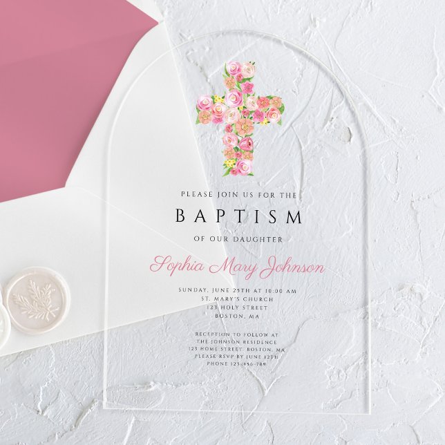 Invitaciones Acrílicas Elegante Bautismo Religioso de Cruz Floral Rosa (Elegant Religious Pink Floral Cross Baptism Acrylic Invitations)
