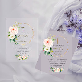 Invitaciones Acrílicas Elegante Bautizo Cruz Dorada Floral Rosa Rubor