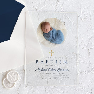 Invitaciones Acrílicas Elegante Bautizo De Niño En Azul Marino Con Letra 