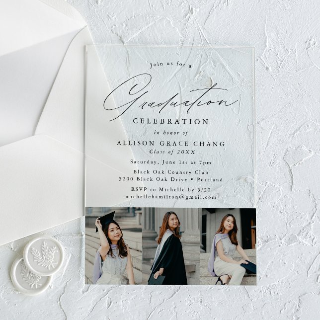 Invitaciones Acrílicas Elegante Black Script 3 Foto Partido de Graduación (Subido por el creador)