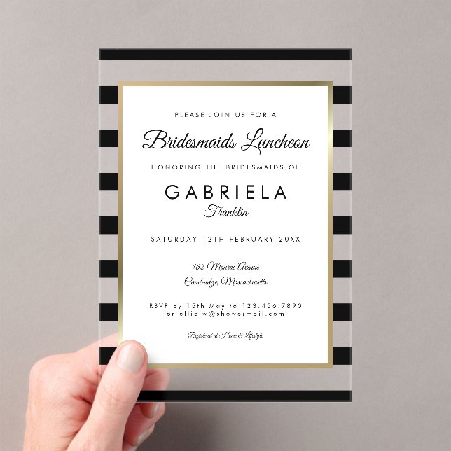 Invitaciones Acrílicas Elegante Black Stripe Gold Bridesmaids Luncheon (Insitu (portátil))