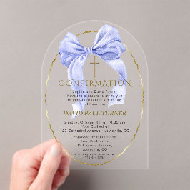 Invitaciones Acrílicas Elegante Blue Bow Gold Boy Confirmación Transparen