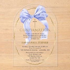 Invitaciones Acrílicas Elegante Blue Bow Gold Boy Confirmación Transparen