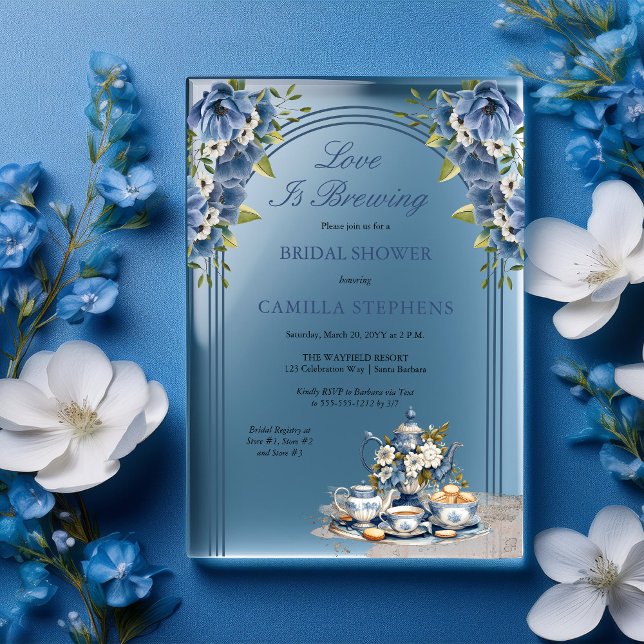 Invitaciones Acrílicas Elegante Blue Floral Tea Set Bridal Tea Shower (Elegant Blue Floral Tea Set Bridal Shower Acrylic Invitations)