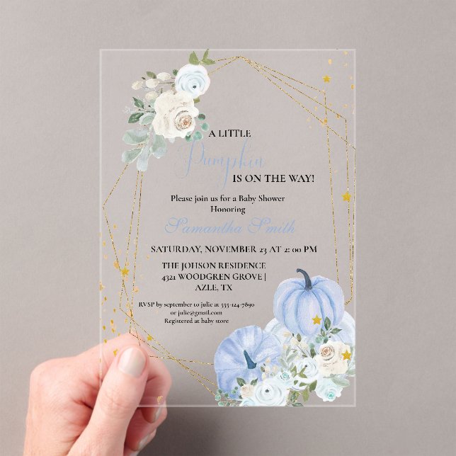 Invitaciones Acrílicas Elegante Blue Little Pumpkin Boy Baby Shower (Insitu (portátil))