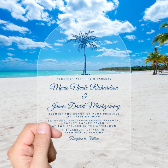 Invitaciones Acrílicas Elegante Blue Palm Formal Beach Wedding (Elegant Tropical Blue Palm Formal Beach Wedding Acrylic Invitations)