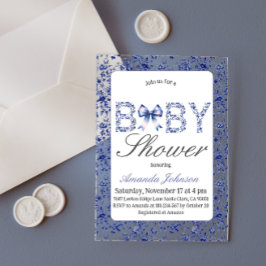 Invitaciones Acrílicas Elegante Blue Toile de Jouy y Bow Baby Shower