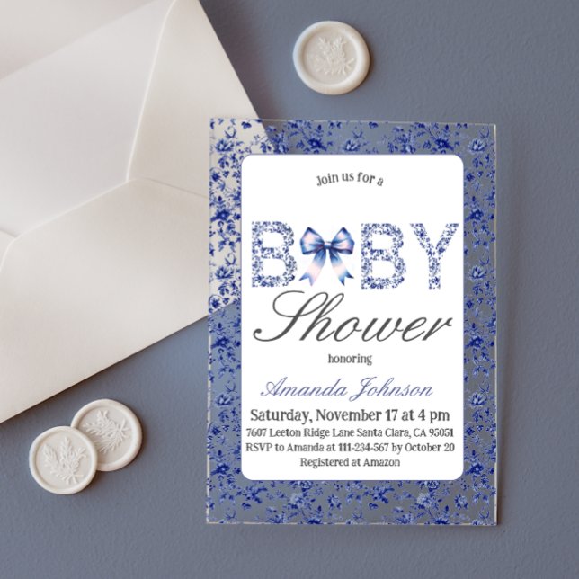 Invitaciones Acrílicas Elegante Blue Toile de Jouy y Bow Baby Shower (Subido por el creador)