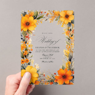 Invitaciones Acrílicas Elegante Boda Amarillo y Naranja Floral transparen