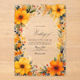 Invitaciones Acrílicas Elegante Boda Amarillo y Naranja Floral transparen