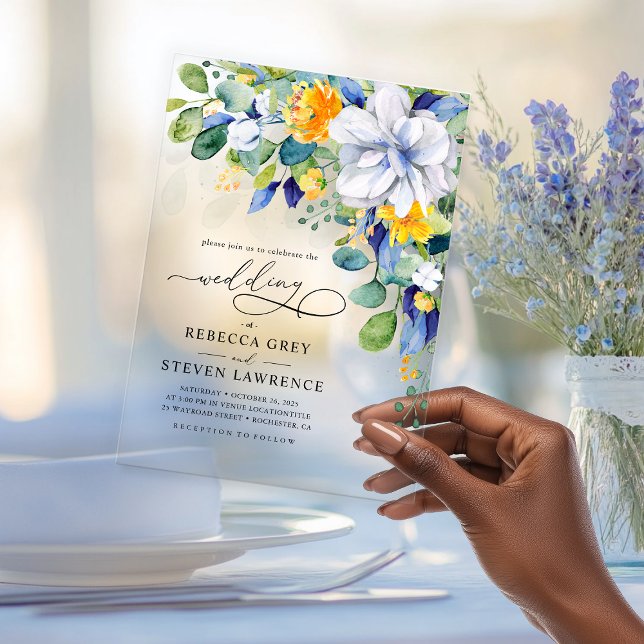 Invitaciones Acrílicas Elegante boda azul blanco amarillo floral (Subido por el creador)