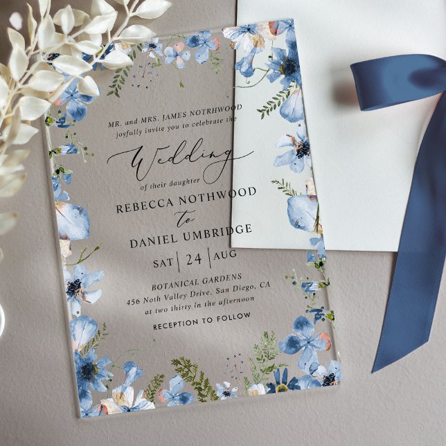Invitaciones Acrílicas Elegante Boda Blue Wildflowers (Subido por el creador)