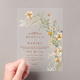 Invitaciones Acrílicas Elegante Boda Bohemia Floral Terracota y Beige