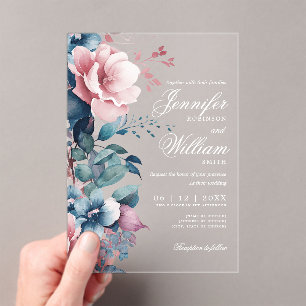 Invitaciones Acrílicas Elegante Boda Boho Romántico Floral Azul
