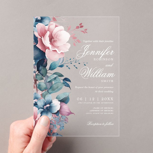 Invitaciones Acrílicas Elegante Boda Boho Romántico Floral Azul (Insitu (portátil))