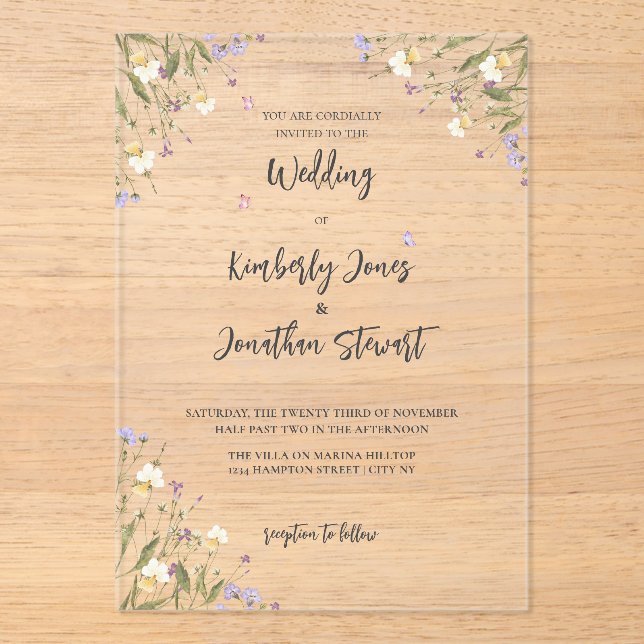 Invitaciones Acrílicas Elegante Boda Boho Whimsical de flores silvestres (Anverso)