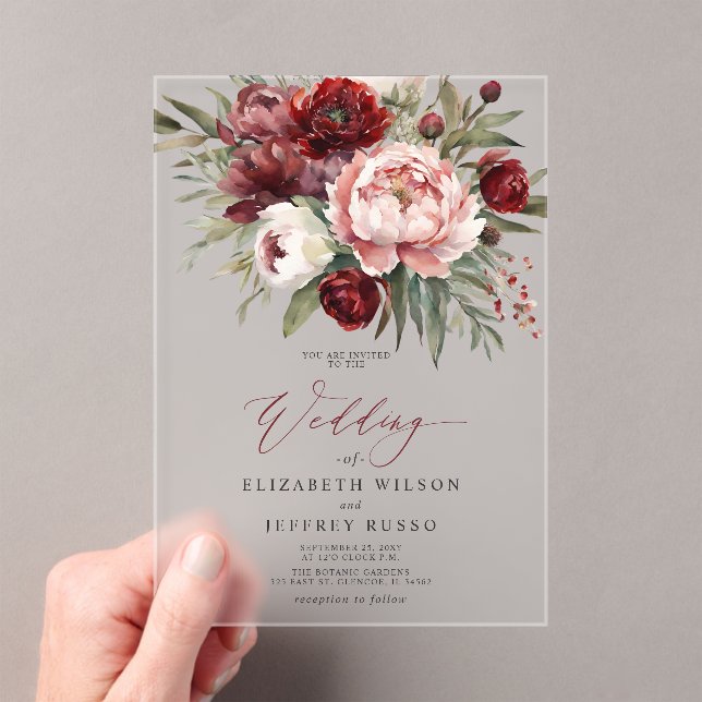 Invitaciones Acrílicas Elegante Boda Borgoña Rubor Botánico Floral (Insitu (portátil))