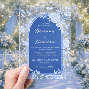 Invitaciones Acrílicas Elegante Boda Botánica de Pájaros Azul y Blanco