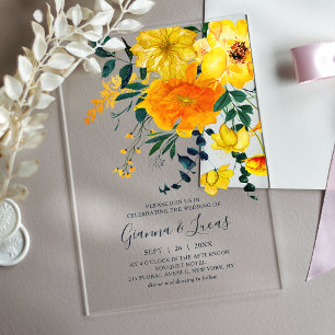 Invitaciones Acrílicas Elegante Boda Botánica Floral Acuarela Amarilla