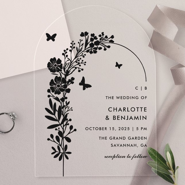 Invitaciones Acrílicas Elegante Boda botánico de la mariposa negra (Subido por el creador)