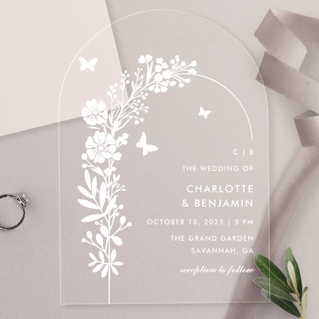 Invitaciones Acrílicas Elegante Boda botánico de mariposa blanca (Subido por el creador)