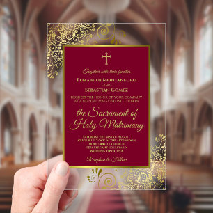Invitaciones Acrílicas Elegante Boda Católica Burgundy y Dorado