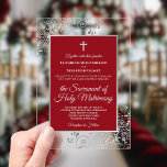 Invitaciones Acrílicas Elegante Boda Católica Chic Rojo Carmesí y Plata<br><div class="desc">Invite a sus seres queridos a compartir su alegría en su día de bodas con estas hermosas invitaciones de acrílico. La plantilla elegante está diseñada para una ceremonia católica, invitando a sus amigos y familiares a unirse a usted en una misa nupcial que los une en el sacramento del santo...</div>