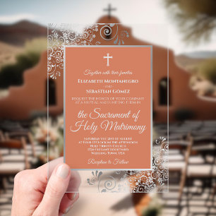 Invitaciones Acrílicas Elegante Boda Católica de Terracota Coral y Plata