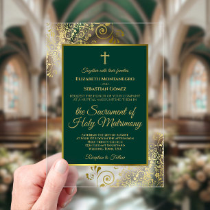Invitaciones Acrílicas Elegante Boda Católica en Verde Esmeralda y Dorado