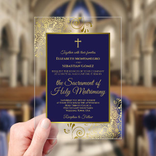 Invitaciones Acrílicas Elegante Boda Católica Ornamentada de Azul Marino 