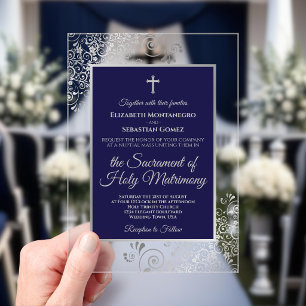 Invitaciones Acrílicas Elegante Boda Católica Ornamentada de Azul Marino 