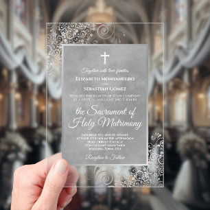 Invitaciones Acrílicas Elegante Boda Católica Ornamentada de Plata y Gris