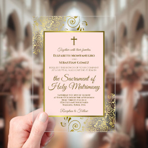 Invitaciones Acrílicas Elegante Boda Católica Ornamentada de Rosa y Dorad