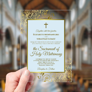 Invitaciones Acrílicas Elegante Boda Católica Ornamentada en Azul Polvo y