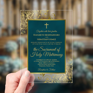 Invitaciones Acrílicas Elegante Boda Católica Ornamentada en Azul Teal Os